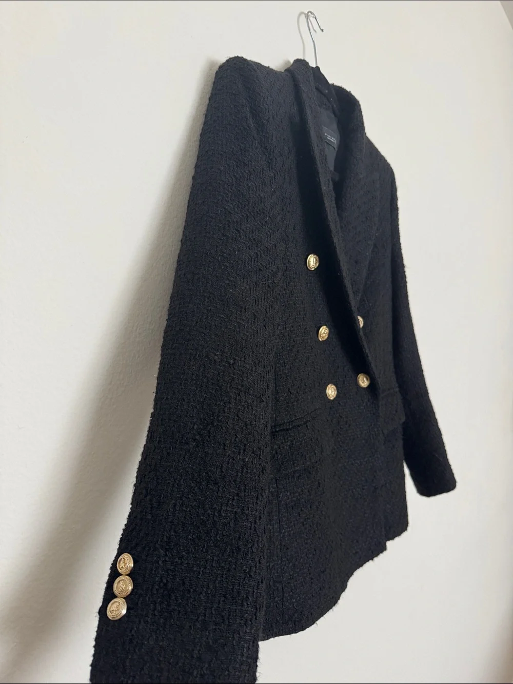 ZARA Tweed Textured Weave Double Breasted Blazer Black Gold Buttons Size Small